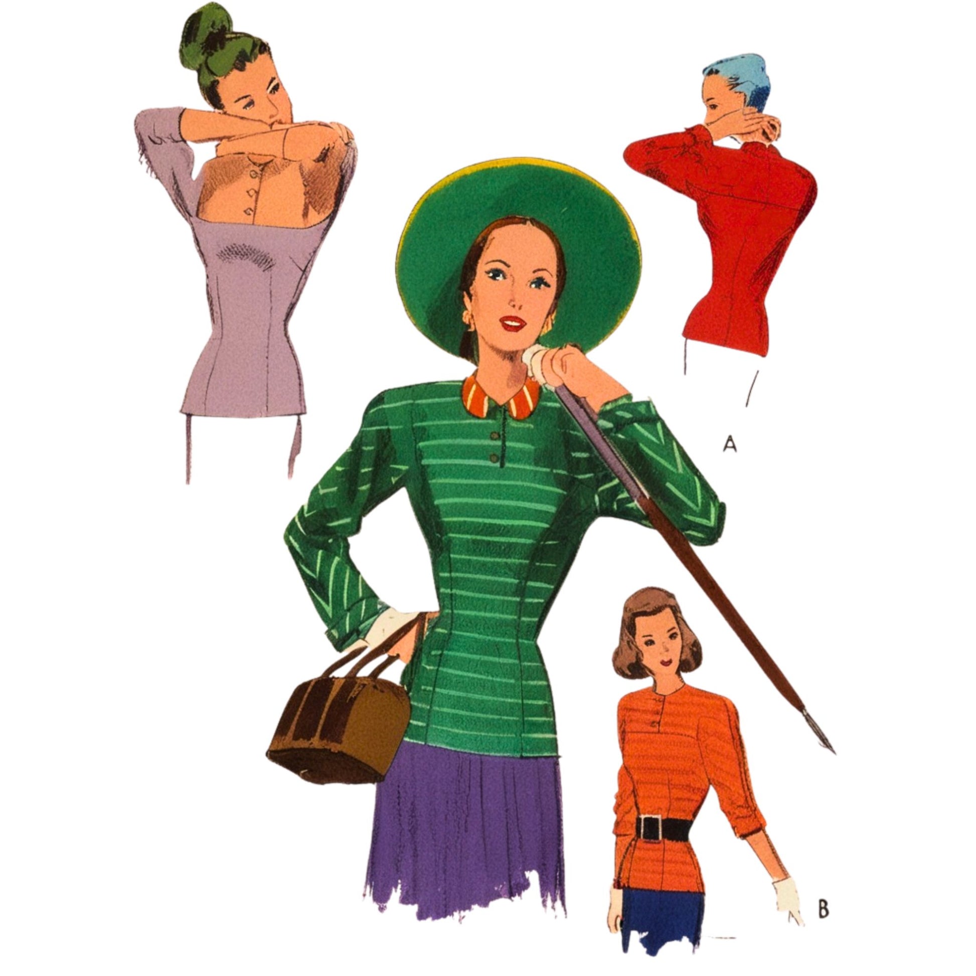 Vintage-style illustration of a woman in a green dress with a hat, holding a walking stick, with smaller illustrations of other women on a white background.