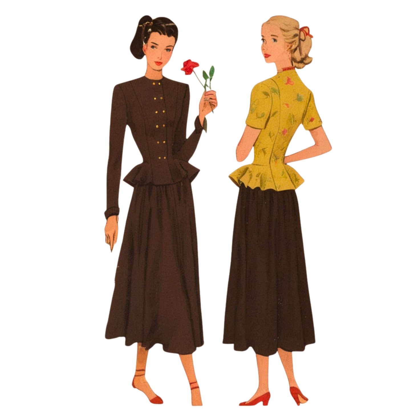Two women in vintage-style outfits with one holding a red flower on a white background.