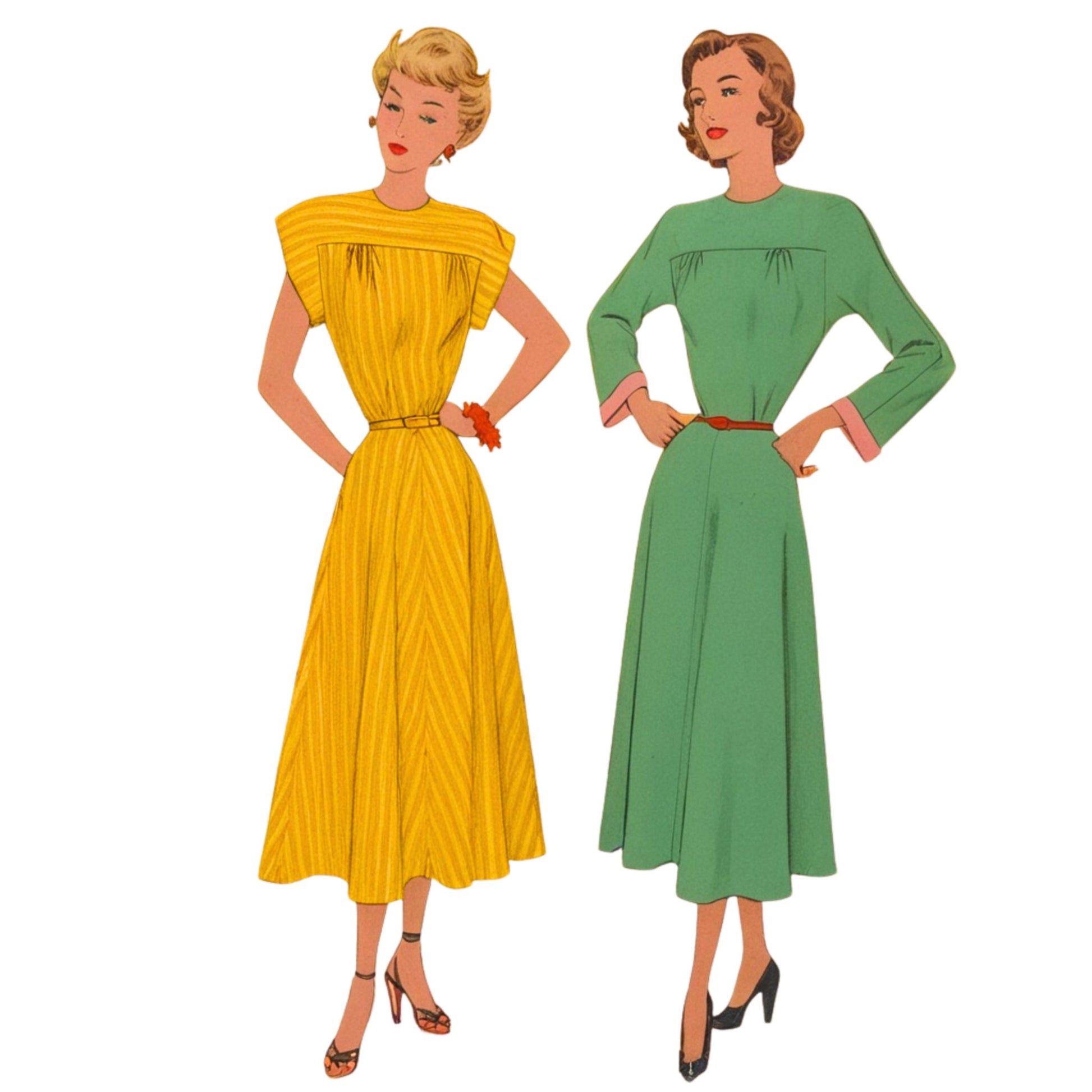 Two women wearing vintage-style dresses, one yellow and one green, on a white background.