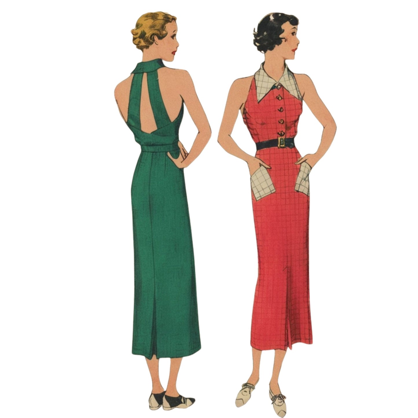 Two women wearing vintage-style dresses on a white background