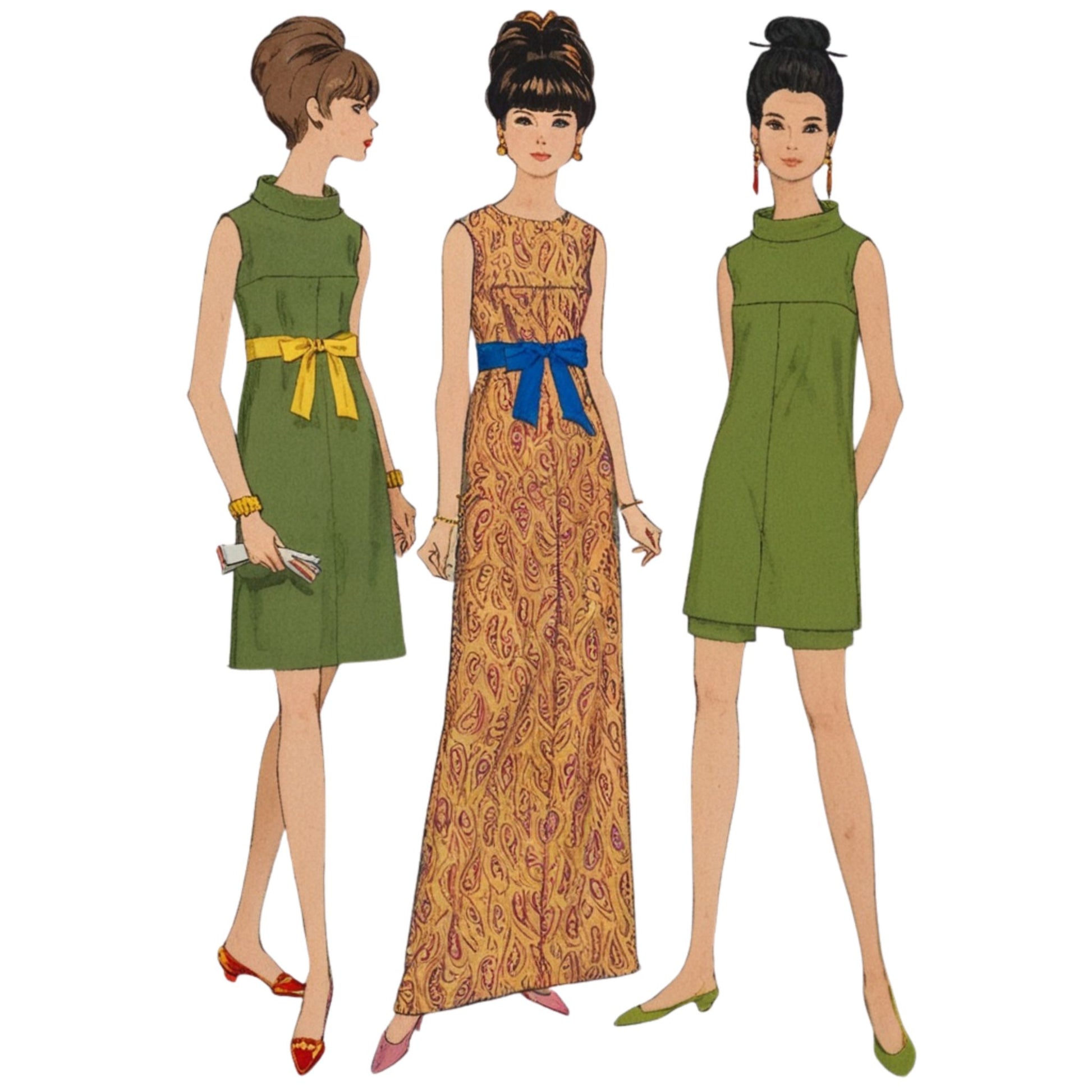 Three vintage-style dresses  with different color schemes.