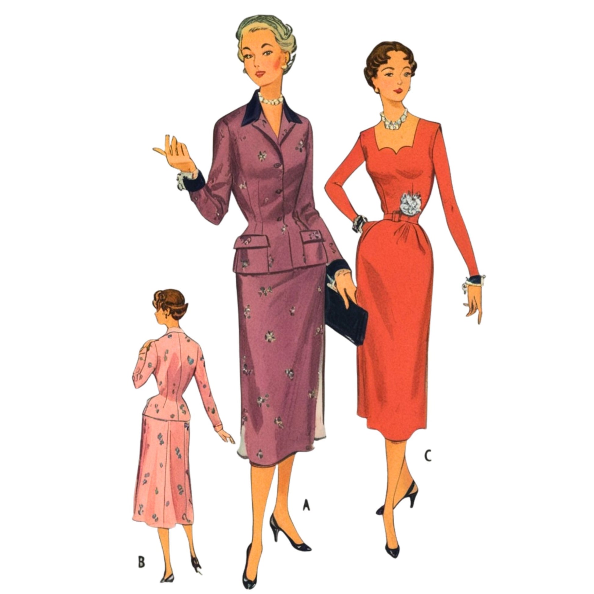 Vintage fashion illustration of women wearing different outfits on a white background