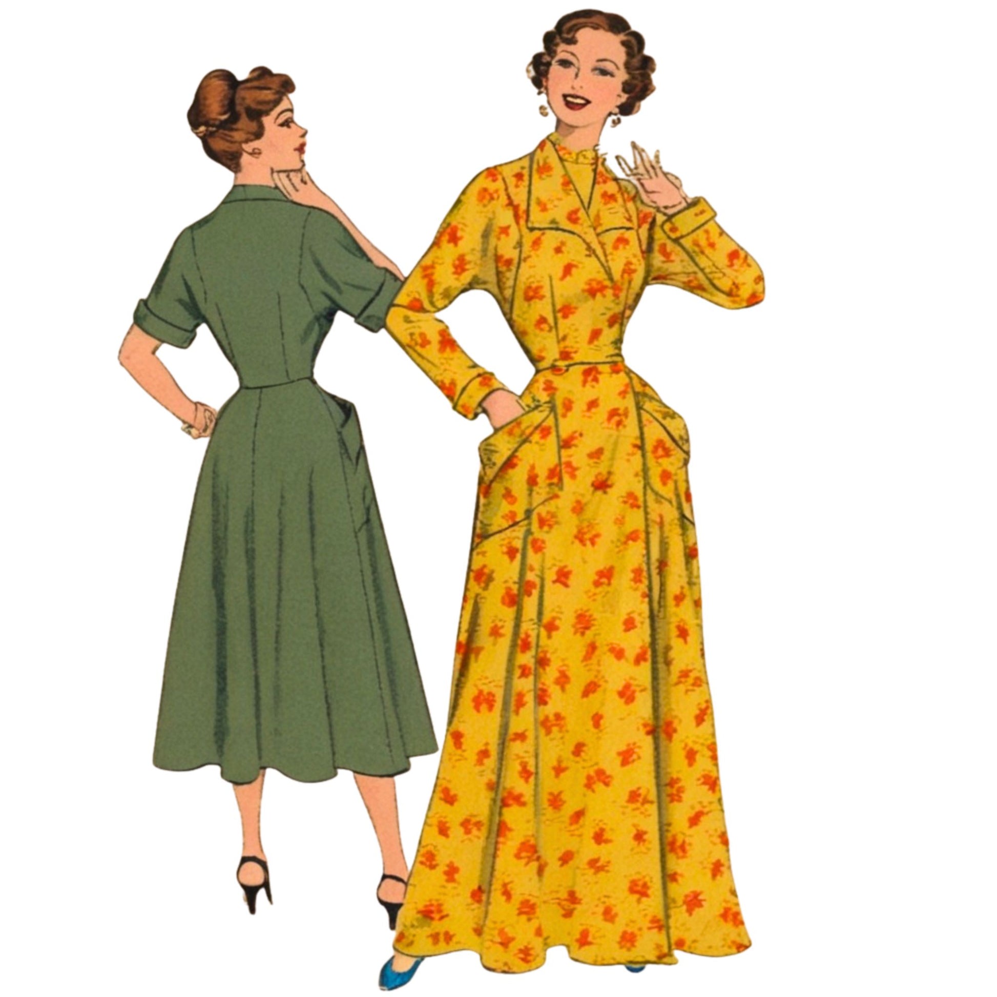 Two women wearing vintage dresses, one green and one yellow with floral pattern, on a white background.