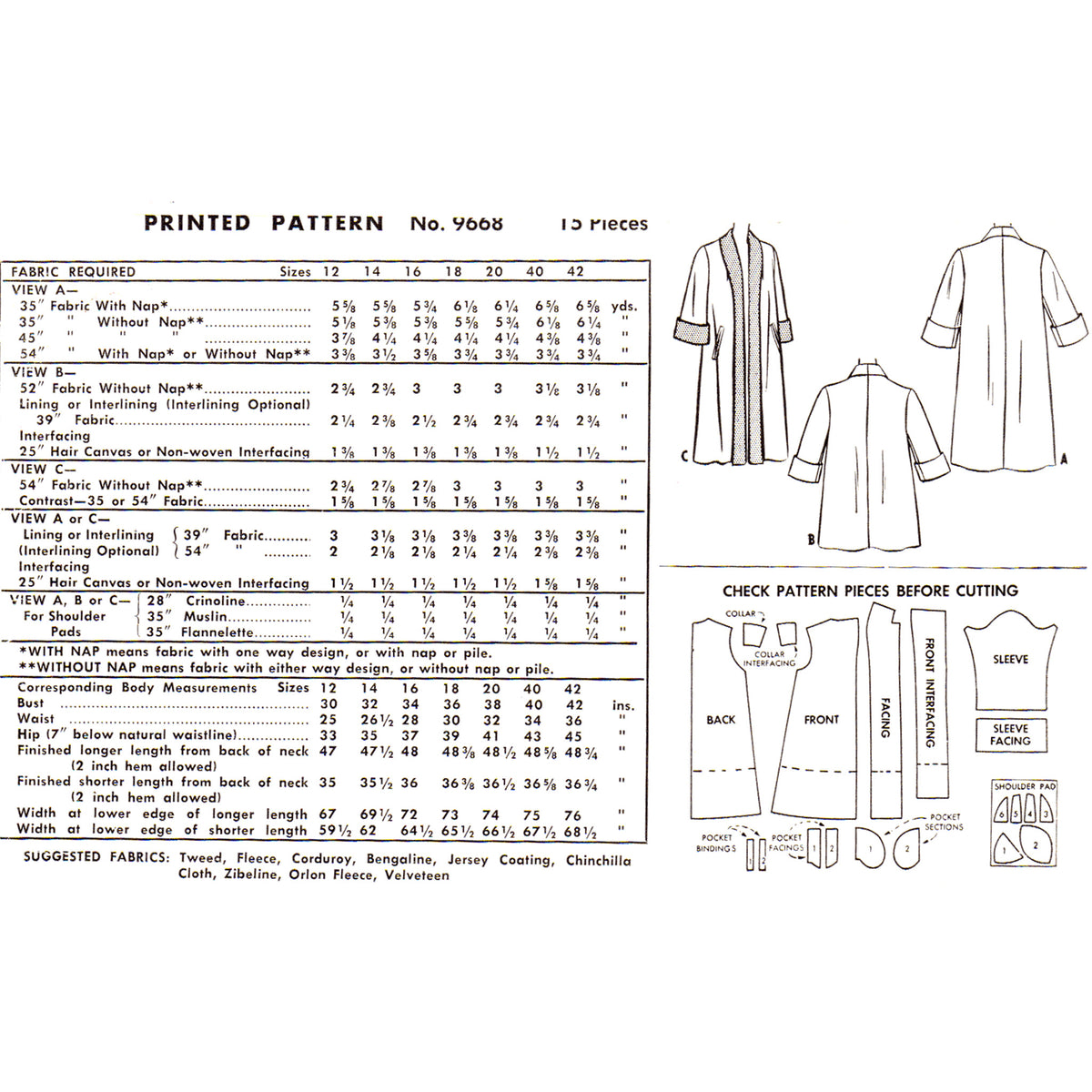 A vintage sewing pattern sheet for 'Printed Pattern No. 9668' showing the fabric required, pattern piece diagrams and sizing variations.