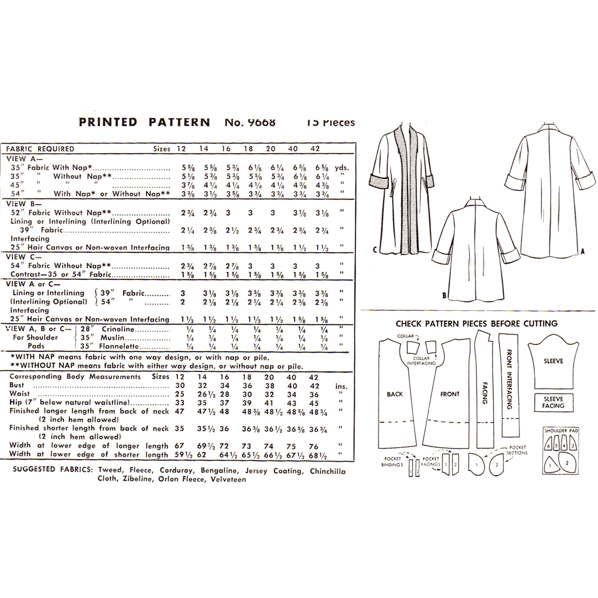 A vintage sewing pattern sheet for 'Printed Pattern No. 9668' showing the fabric required, pattern piece diagrams and sizing variations.