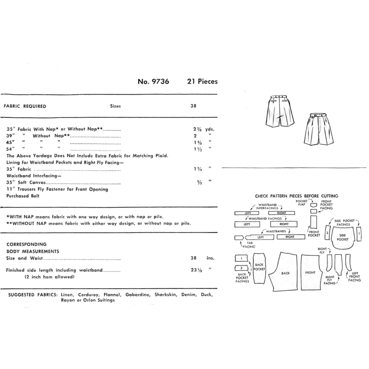 A vintage sewing pattern cover page for No. 9736, 21 pieces, showing fabric requirements, suggested fabrics, and pattern layout diagrams including front and back views.
