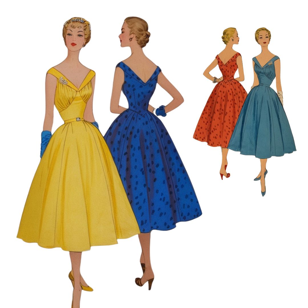 Four women in vintage-style dresses on a white background