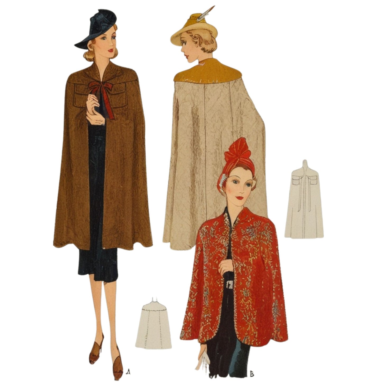 Illustration of three women wearing vintage-style capes with a focus on design details.