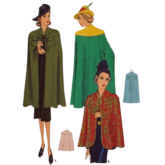 Vintage fashion illustration of three women wearing capes with a small inset of a blue garment.