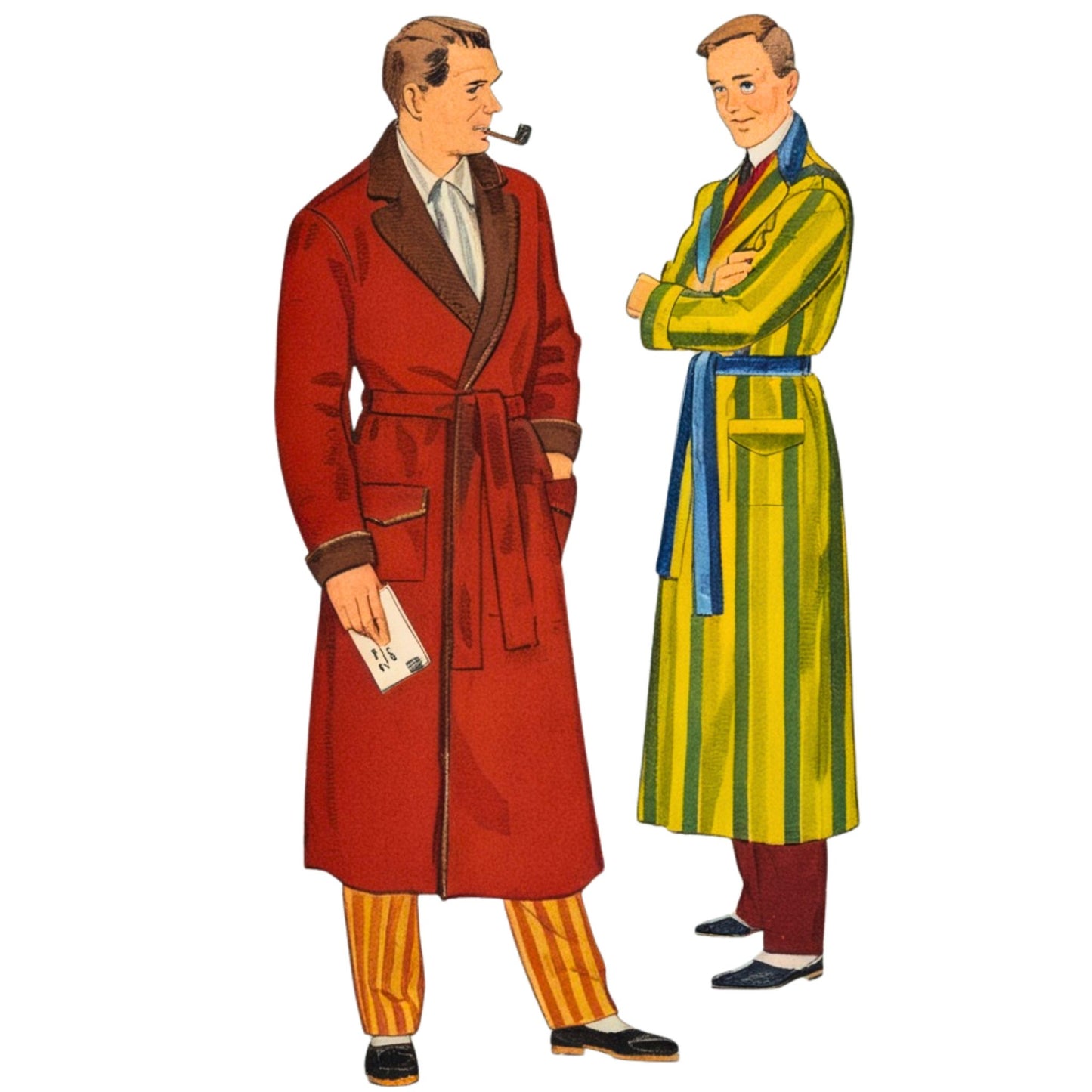 Two men in colorful dressing gowns and striped outfits on a white background