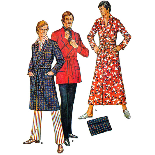Model wearing men’s robe and case made from McCall’s 3036 pattern