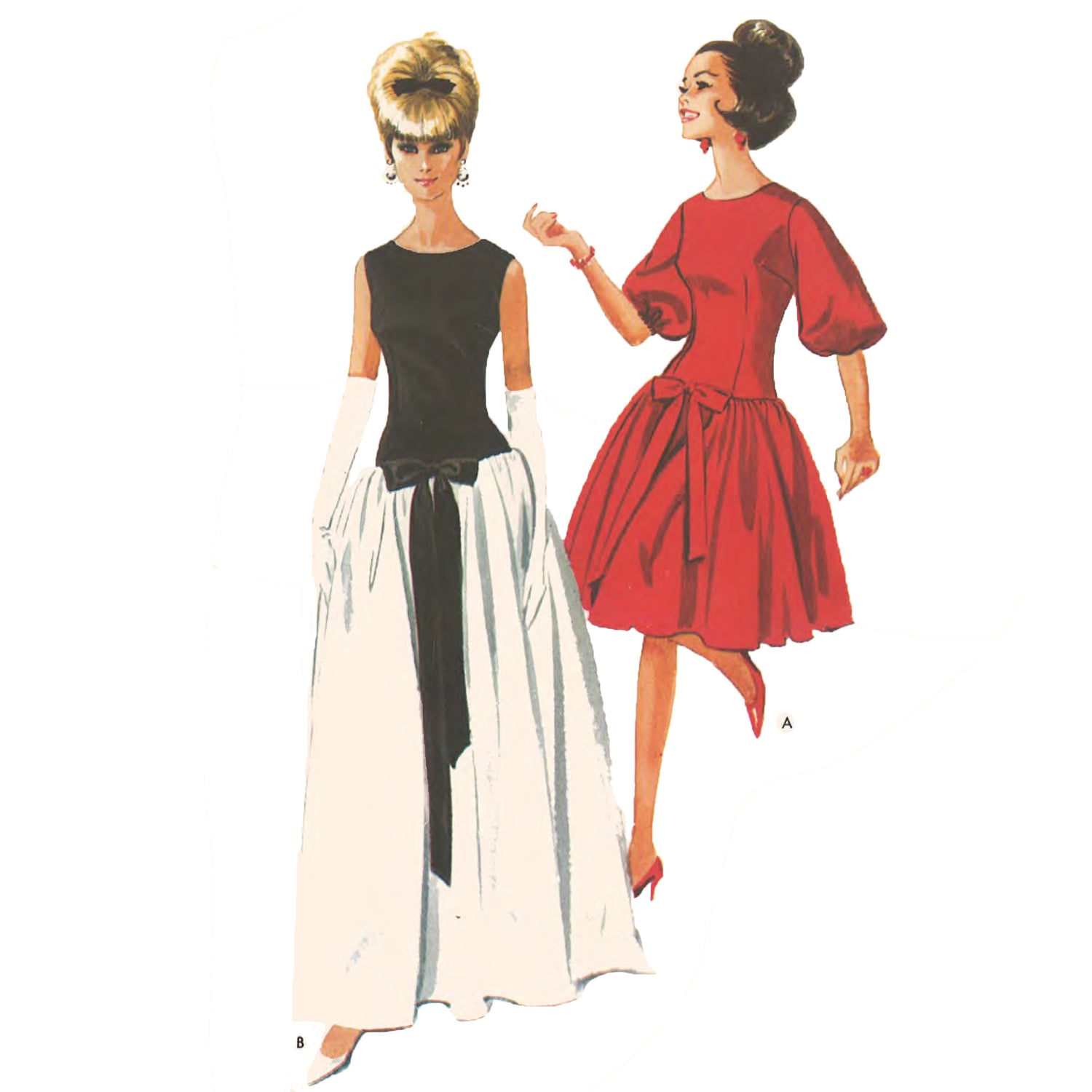 Women wearing evening dresses made from sewing pattern McCall's 7426