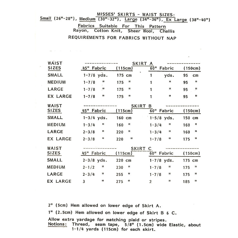 A printed fabric pattern sizing chart for Misses' Skirts, showing waist sizes and yardage requirements for Skirt A, Skirt B, and Skirt C in different fabric weights. The chart includes measurements in centimeters and yards with notes about hemming and yardage allowances.