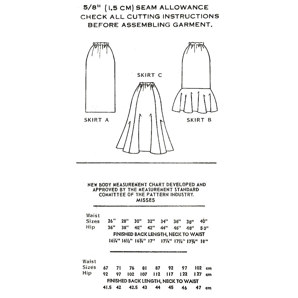 A black-and-white sewing pattern cover showing line drawings of skirt variations labeled Skirt A, Skirt B, and Skirt C, with text about seam allowance and a new body measurement chart plus size tables at the bottom.