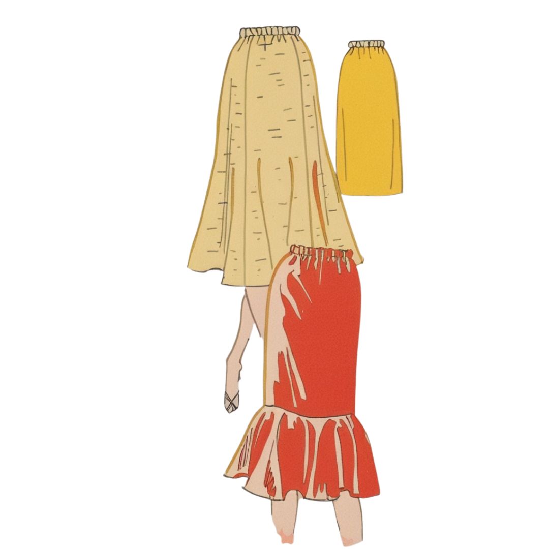 Illustration of a person wearing a red dress with a yellow skirt on a white background