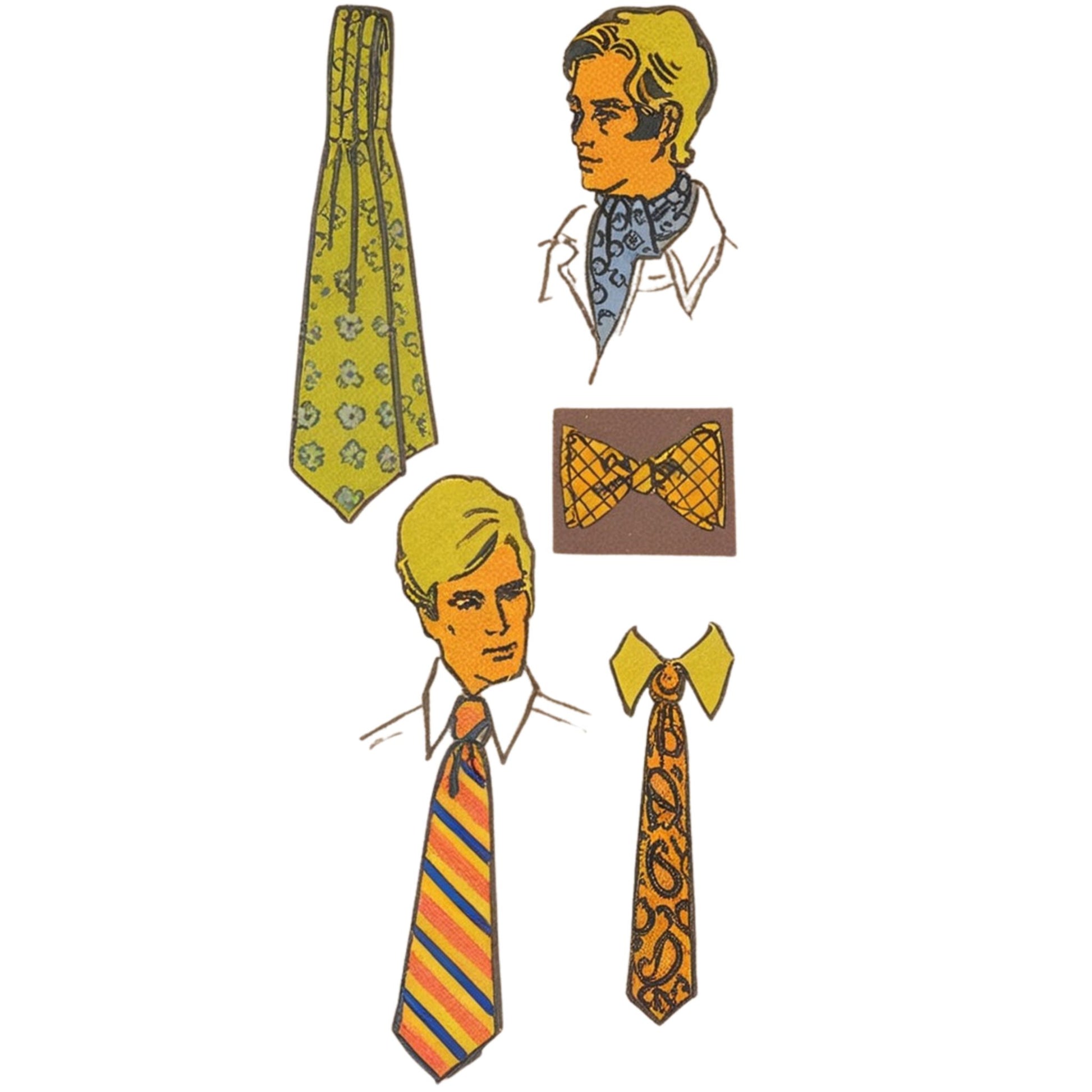 Collection of vintage neckties and a bow tie on a white background