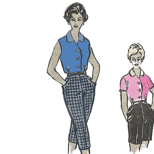 Model wearing 1950 blouse and slack made from Marian Martin 4787 pattern