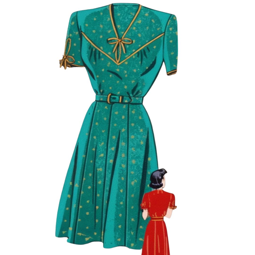Green dress with gold patterns and a smaller red dress on a white background