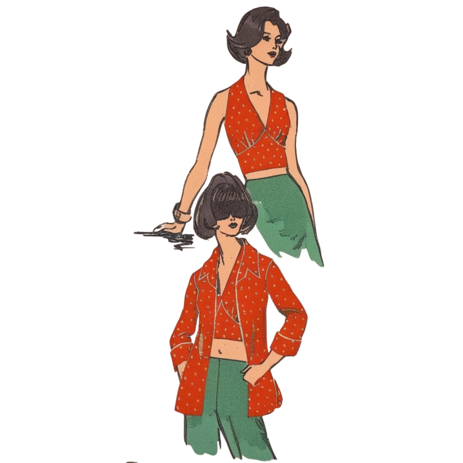 Illustration of a woman wearing a red patterned outfit with green pants on a white background