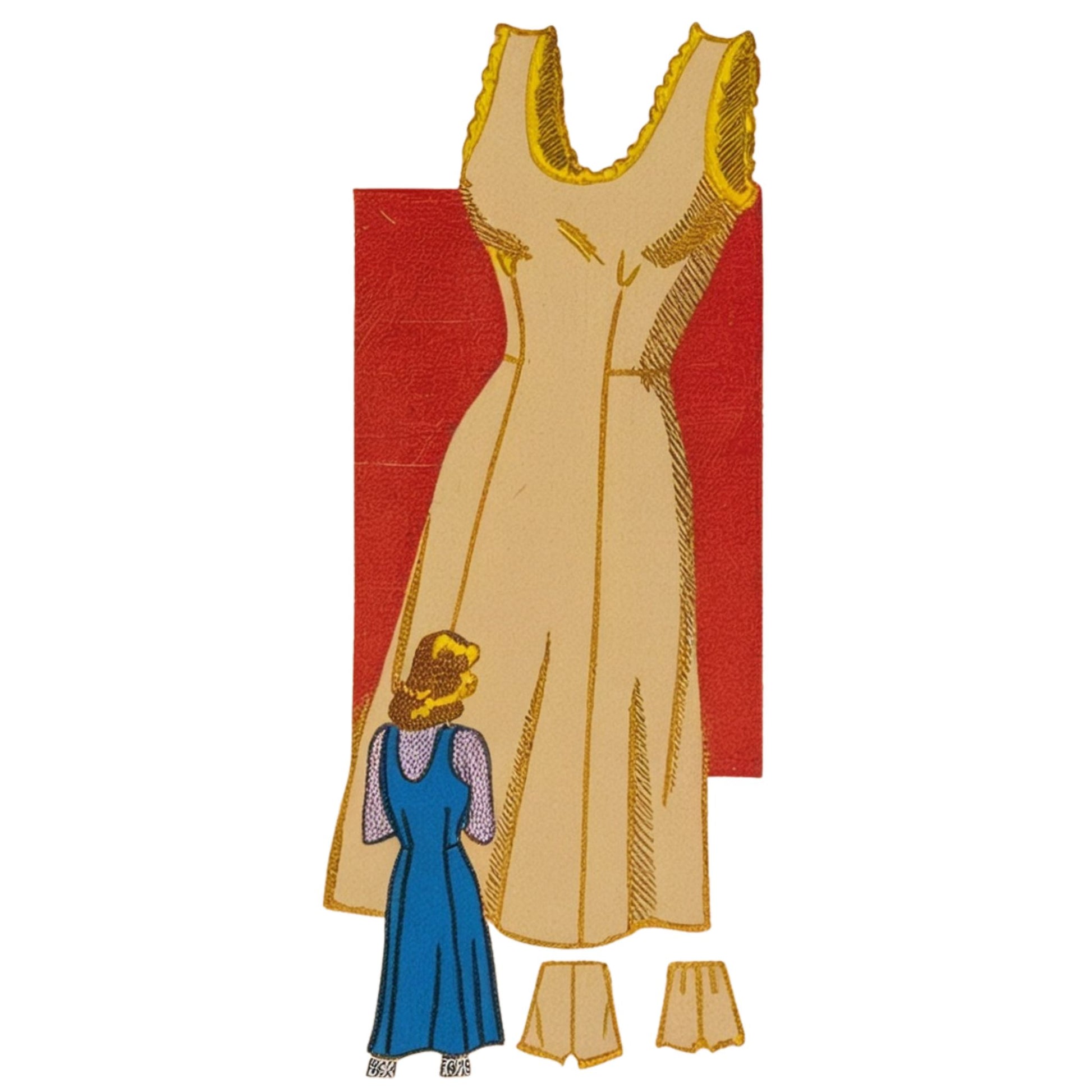 Vintage-style dress pattern with a red background