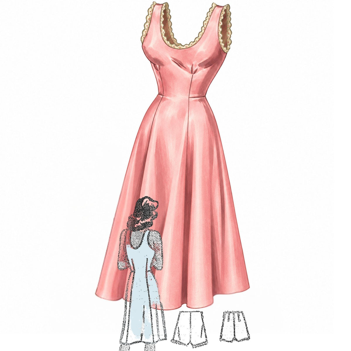 A vintage-style sewing pattern illustration showing a sleeveless pink dress with a flared skirt, scalloped neckline, and a small inset of a woman wearing the dress, plus two shorts sketches at the bottom.