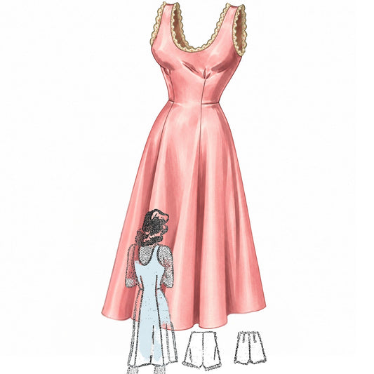 A vintage-style sewing pattern illustration showing a sleeveless pink dress with a flared skirt, scalloped neckline, and a small inset of a woman wearing the dress, plus two shorts sketches at the bottom.