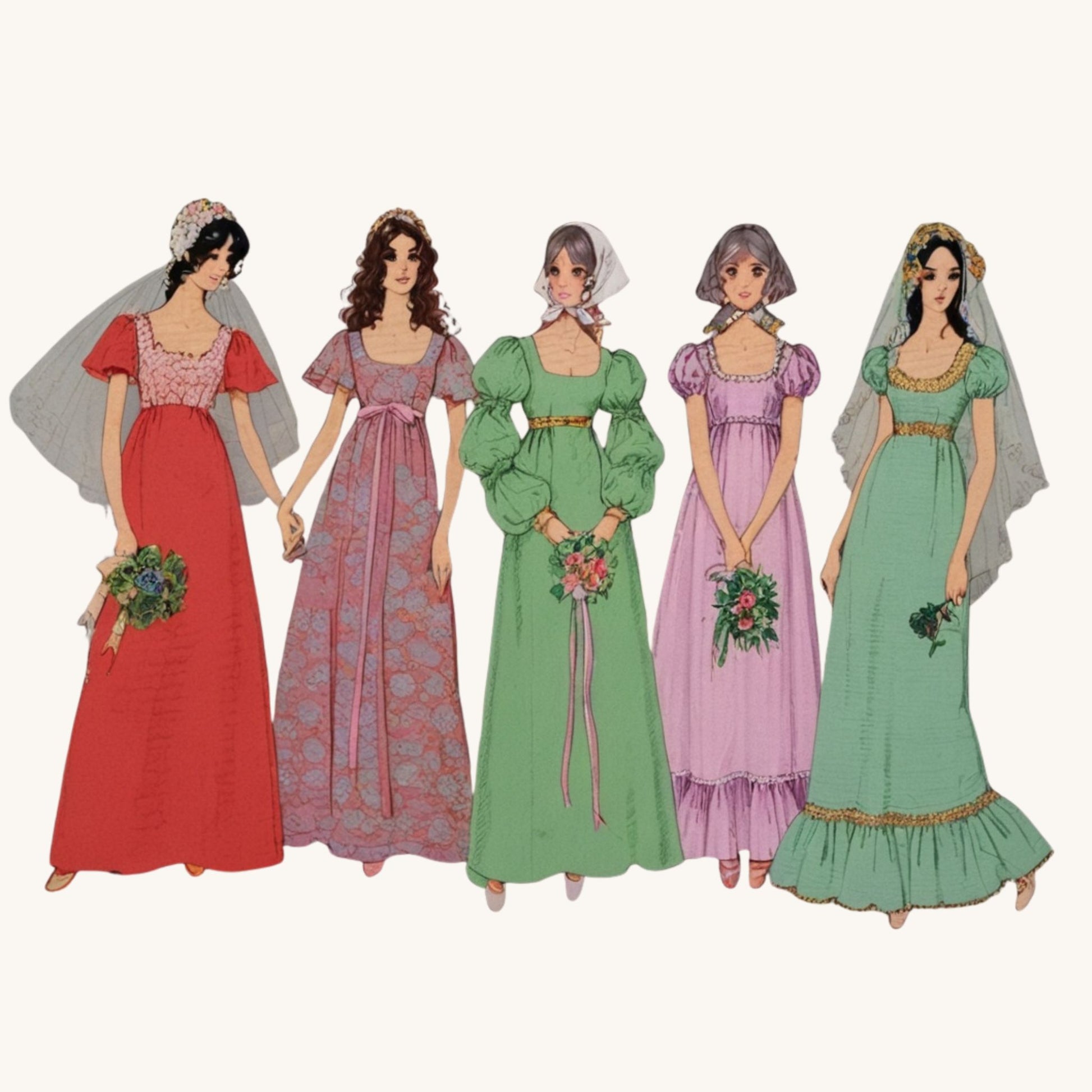 Five women in vintage-style dresses on a white background