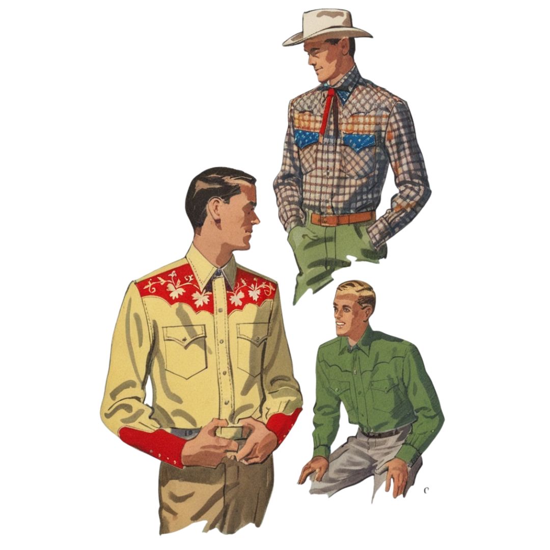 Three men wearing different styles of western shirts on a white background