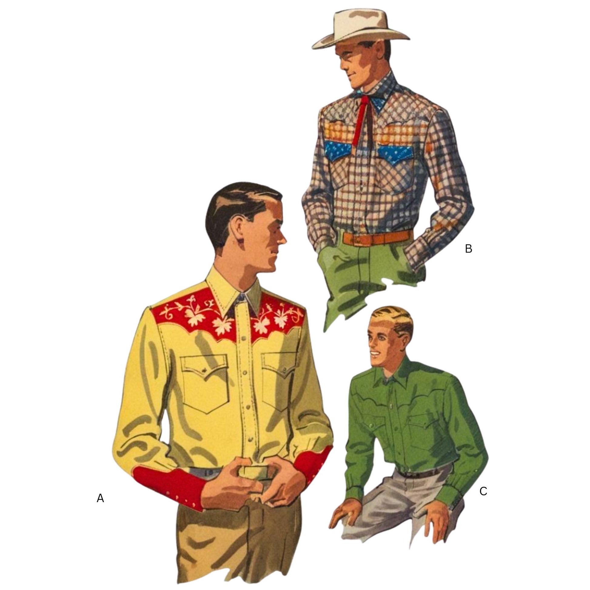 Three illustrations of men wearing different styles of western shirts on a white background.