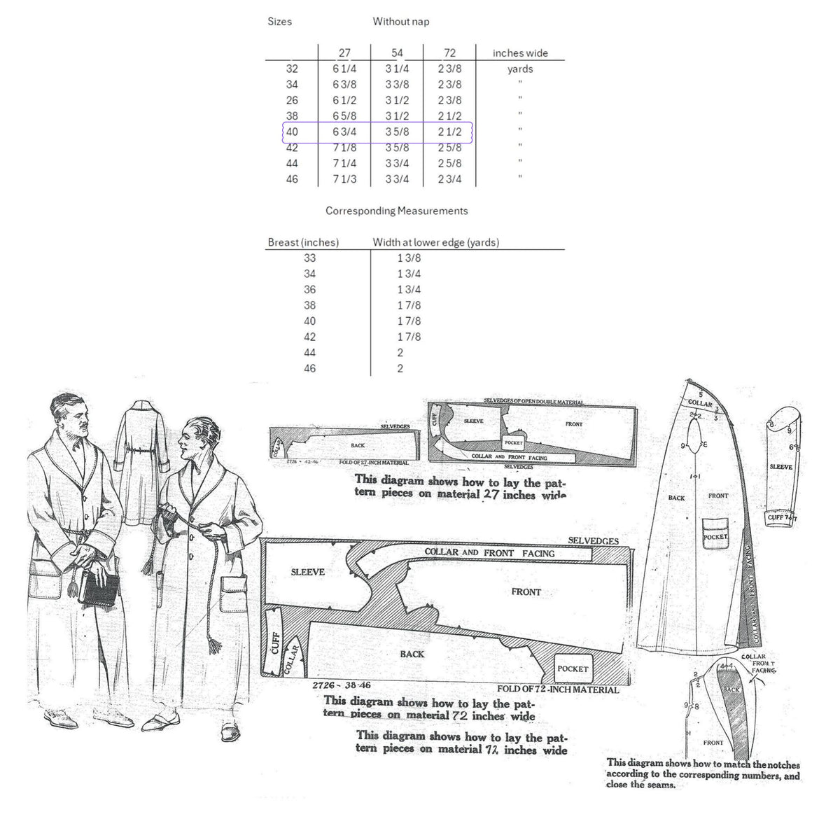 A vintage sewing pattern instruction sheet showing size tables, measurement guides, and illustrated dress patterns with labels for front, back, sleeves, and collar.