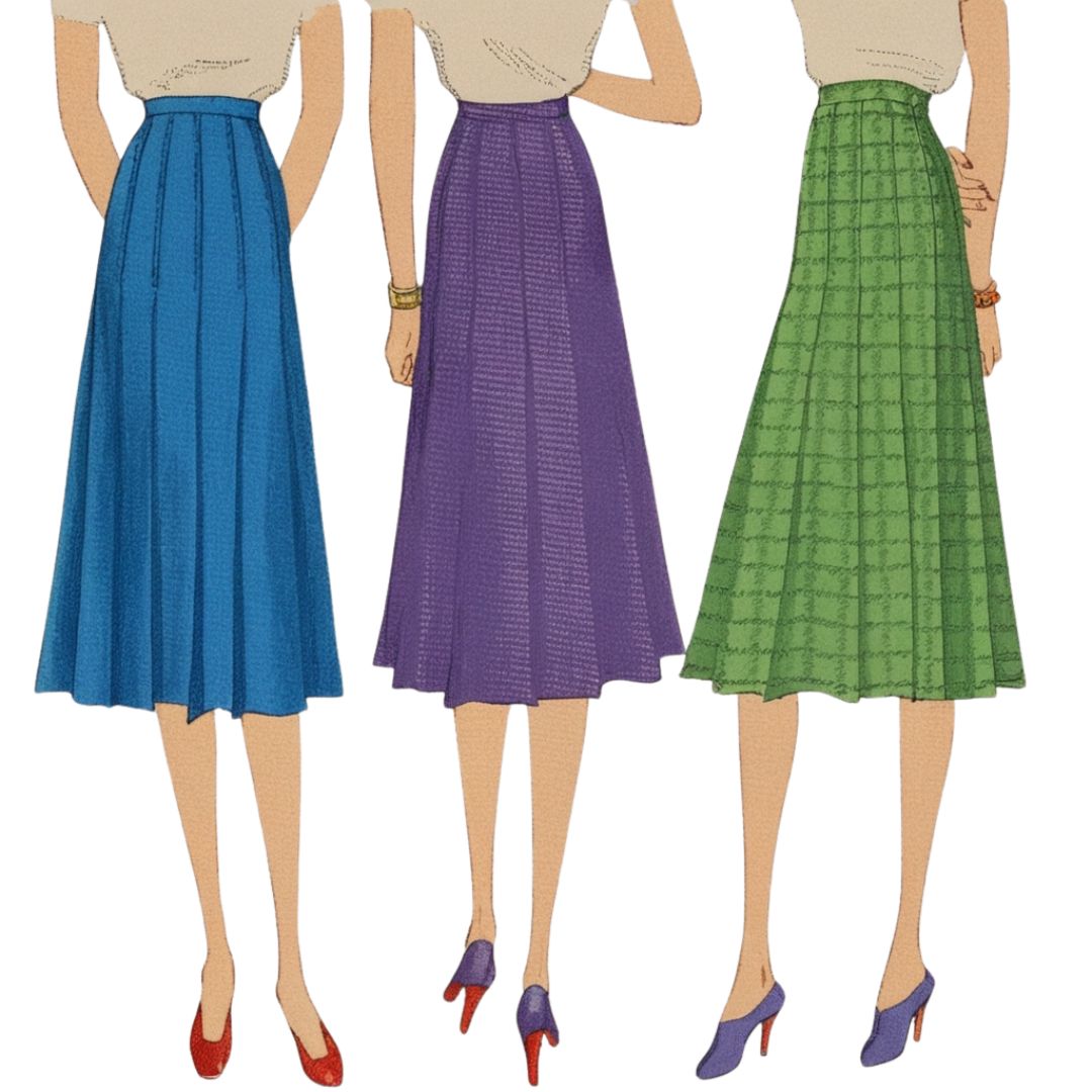 Three different colored skirts on women with a plain background