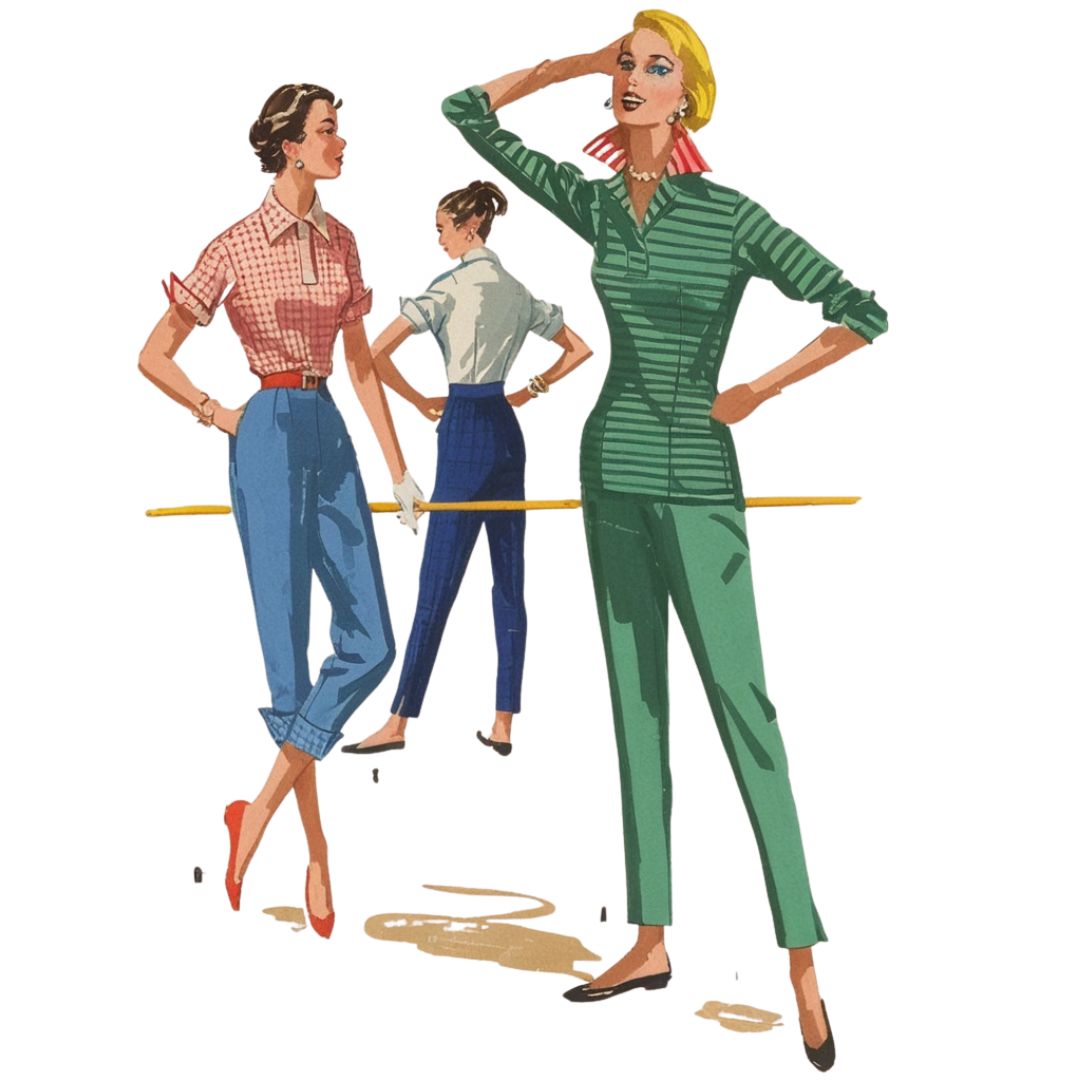 Illustration of three women in vintage clothing.