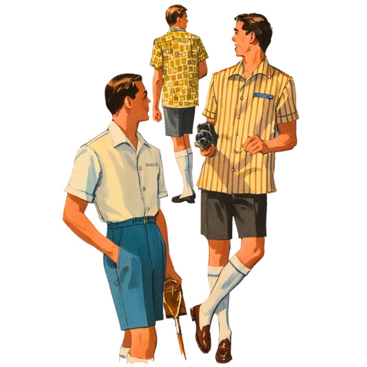 Illustration of three men in vintage clothing with a camera and golf club.