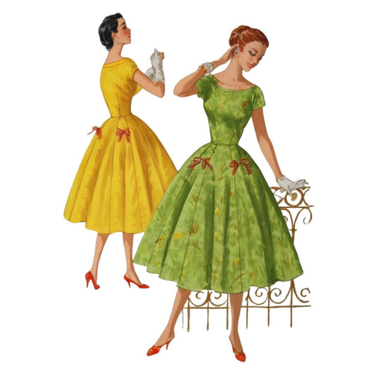 Two women in vintage-style dresses standing next to each other on a white background.