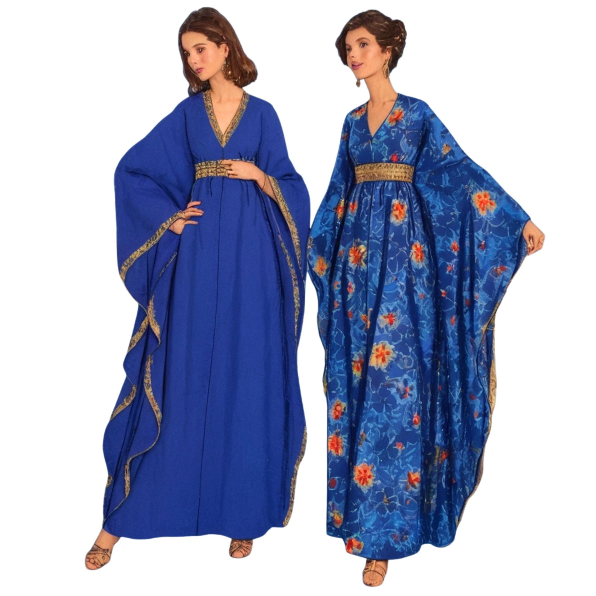 Two blue dresses, one plain and one with floral patterns, on a white background.