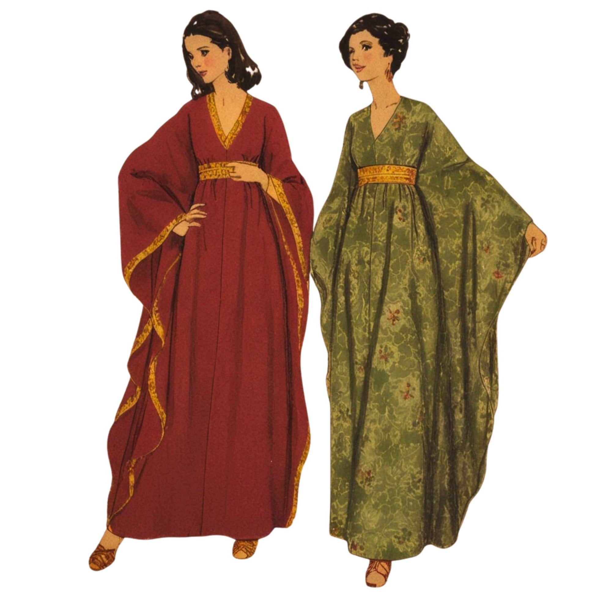 Two women wearing long, flowing dresses in red and green on a white background.