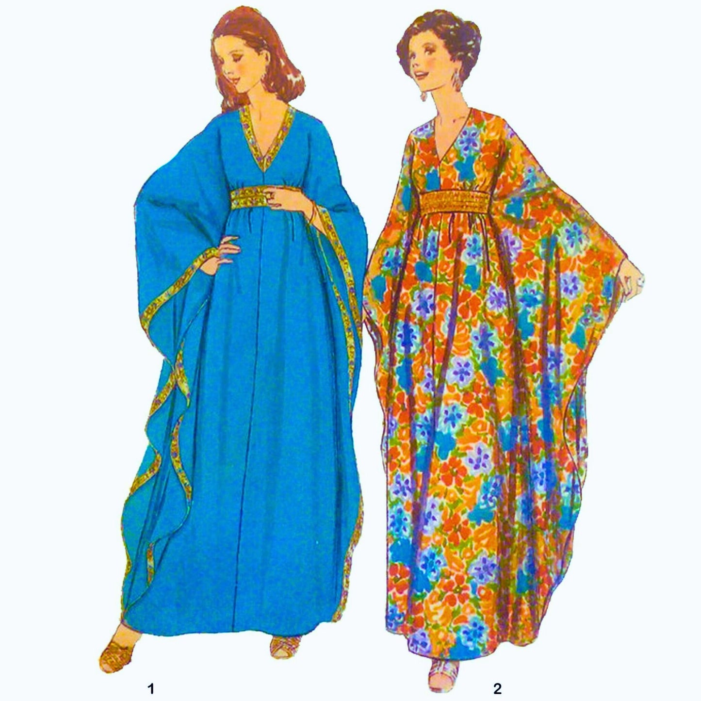 Two women wearing colorful caftans on a white background