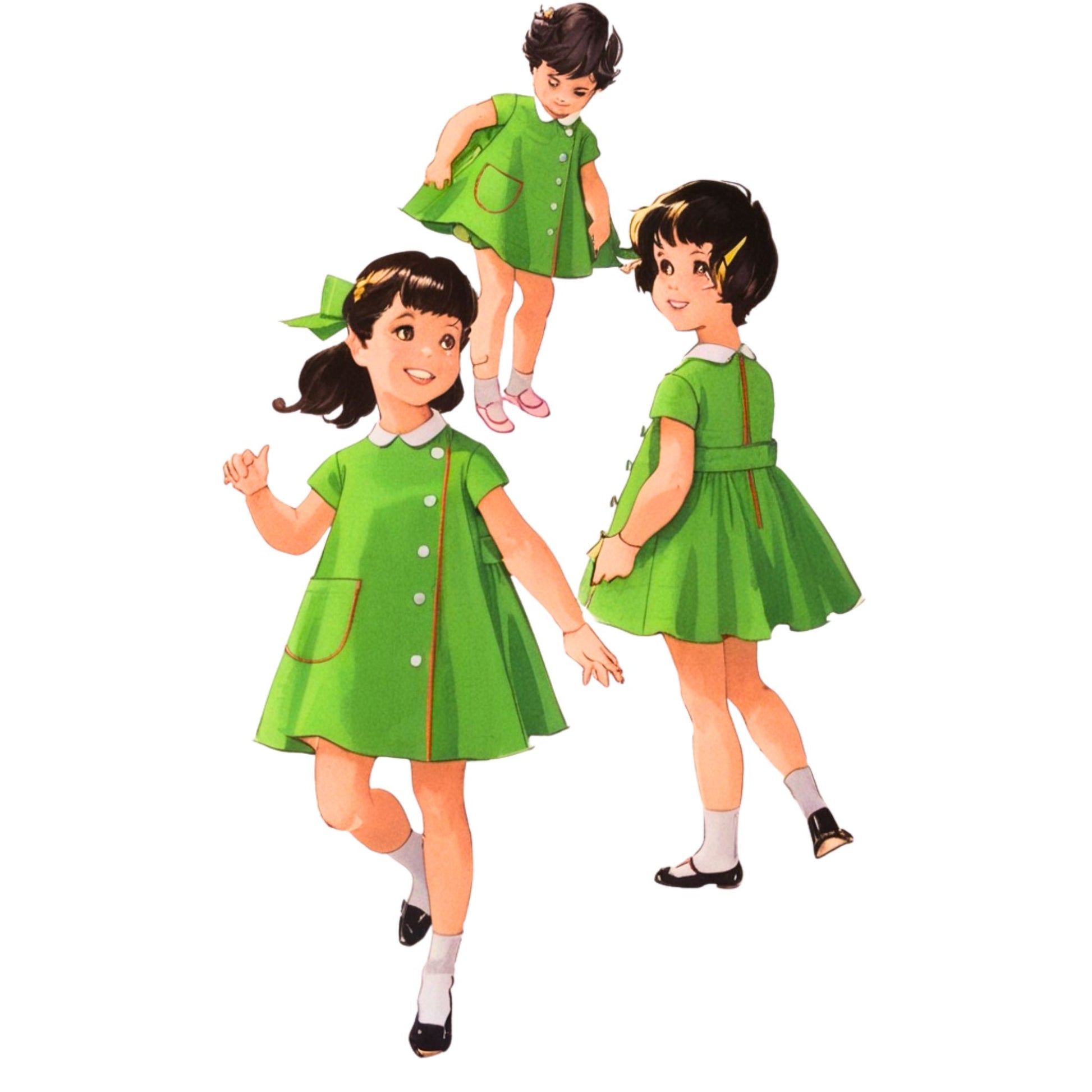 Three illustrations of girls wearing green dresses on a white background