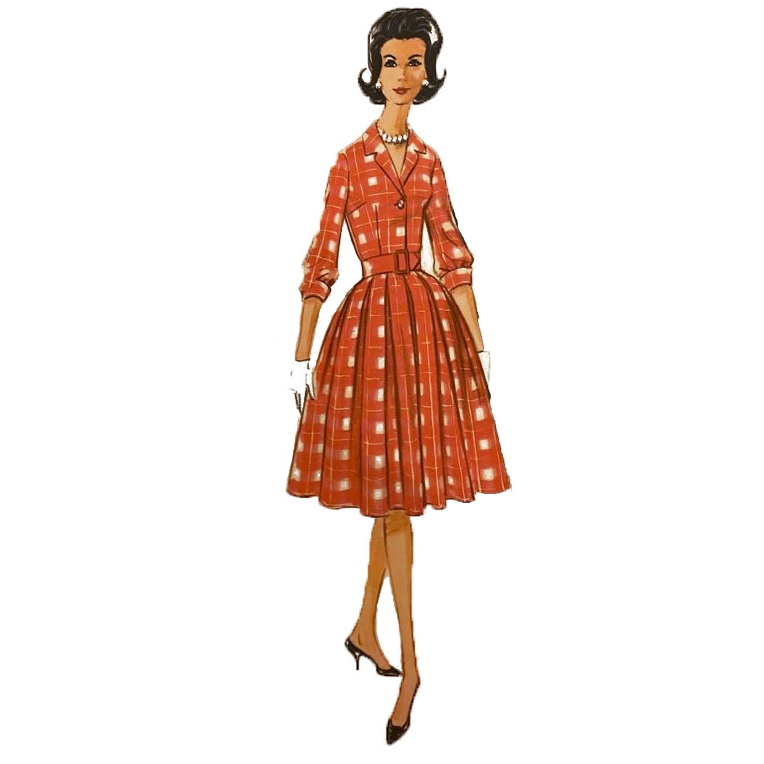 Model wearing 1960s proportioned dress made from Mc5997 pattern