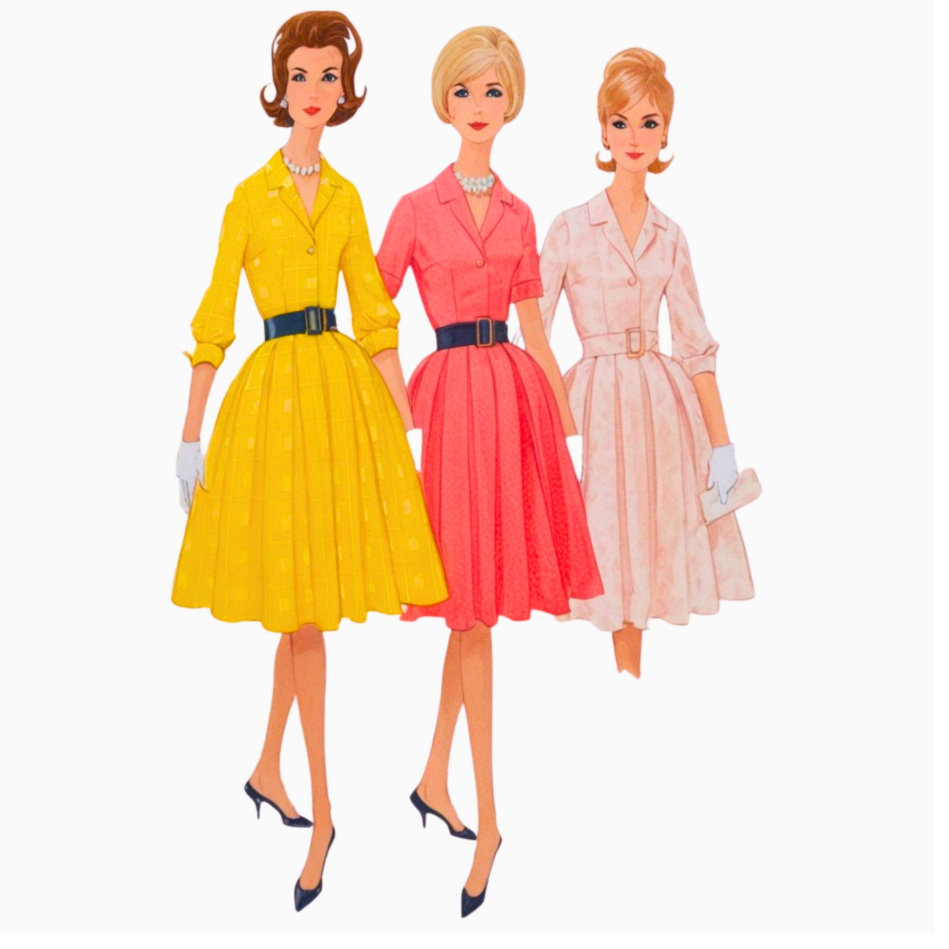 Three women in colorful dresses on a white background