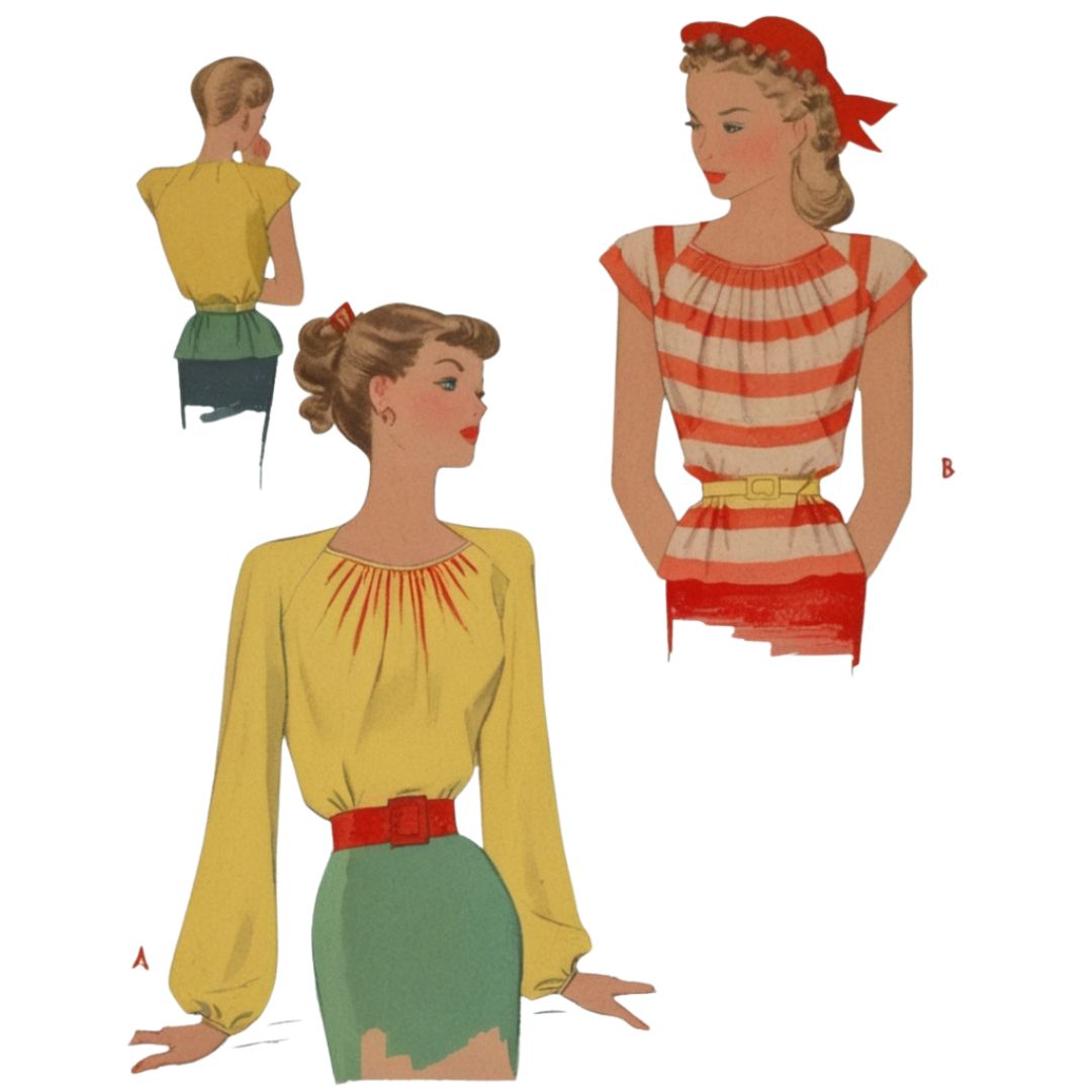 Vintage-style illustration of women wearing colorful outfits on a white background