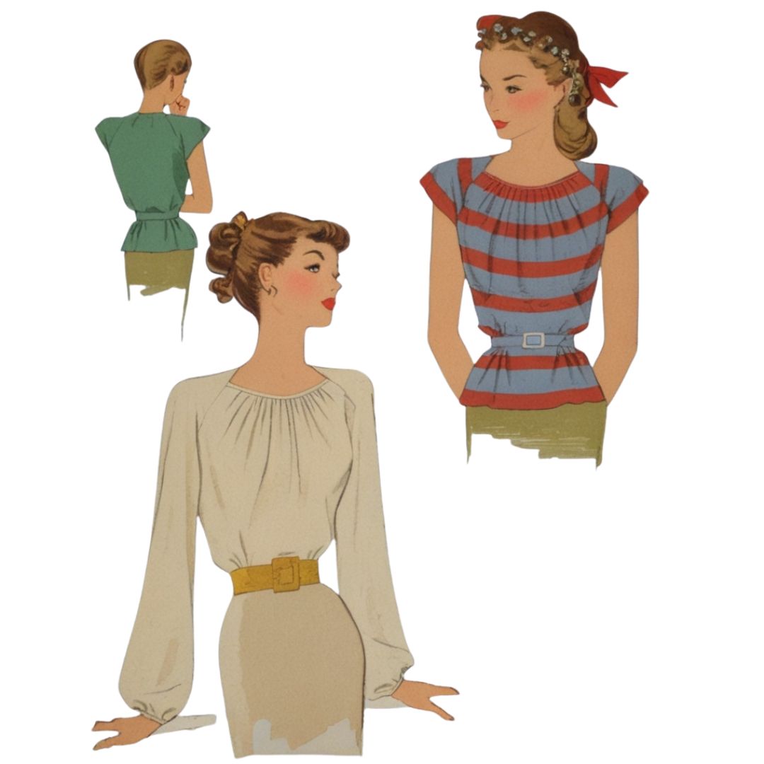 Three women wearing vintage-style clothing on a white background