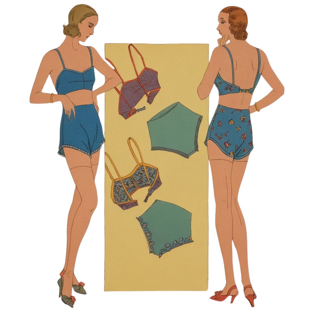 Illustration of a woman wearing vintage-style lingerie with patterned fabric pieces displayed.