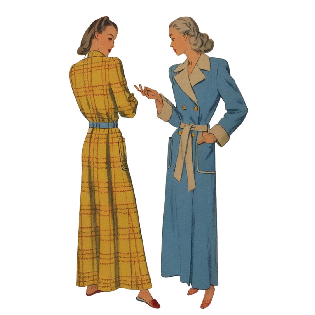 Two women in vintage-style clothing on a white background