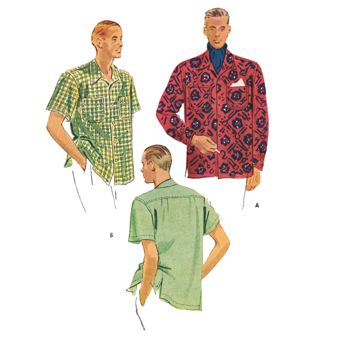 Vintage sewing pattern illustration showing three views of a men's short-sleeve button-up shirt: front view in green plaid, front view in red floral pattern, and back view in solid light green, on a white background.
