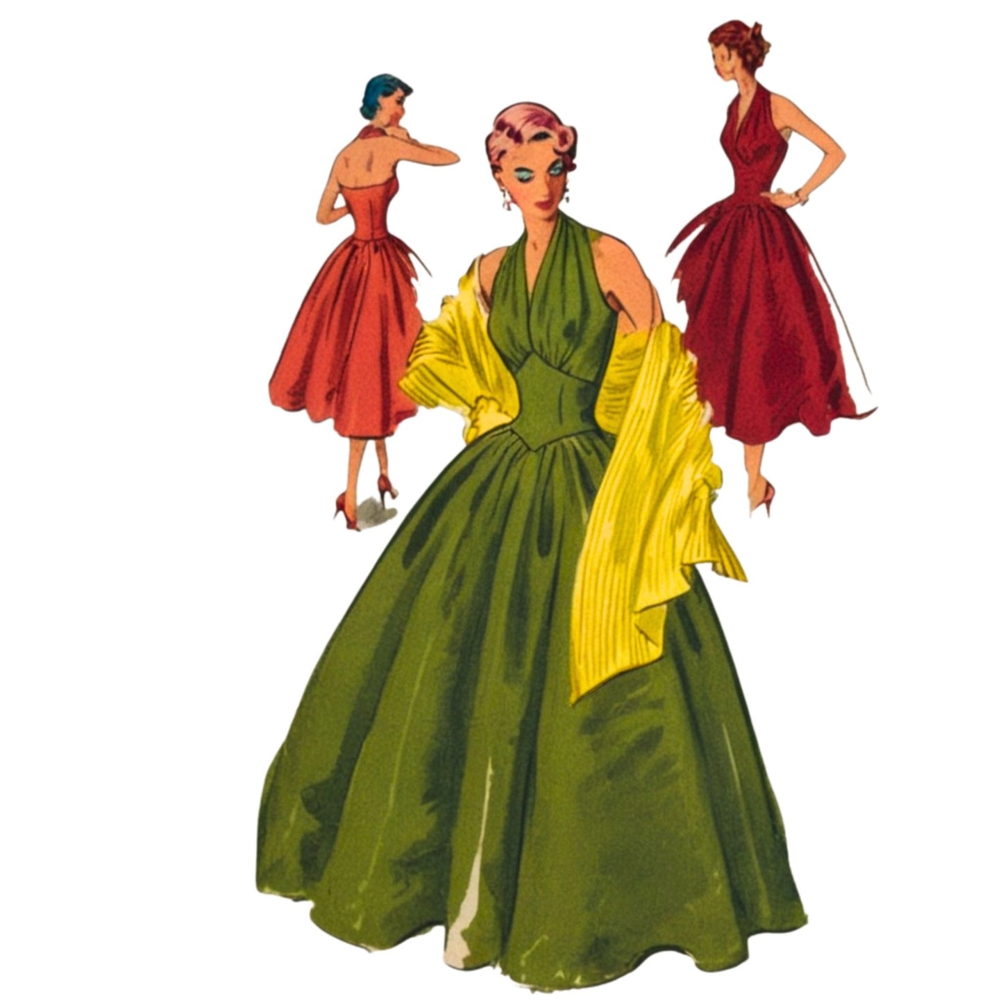 Fashion Illustration of women wearing halter dress in two lengths.