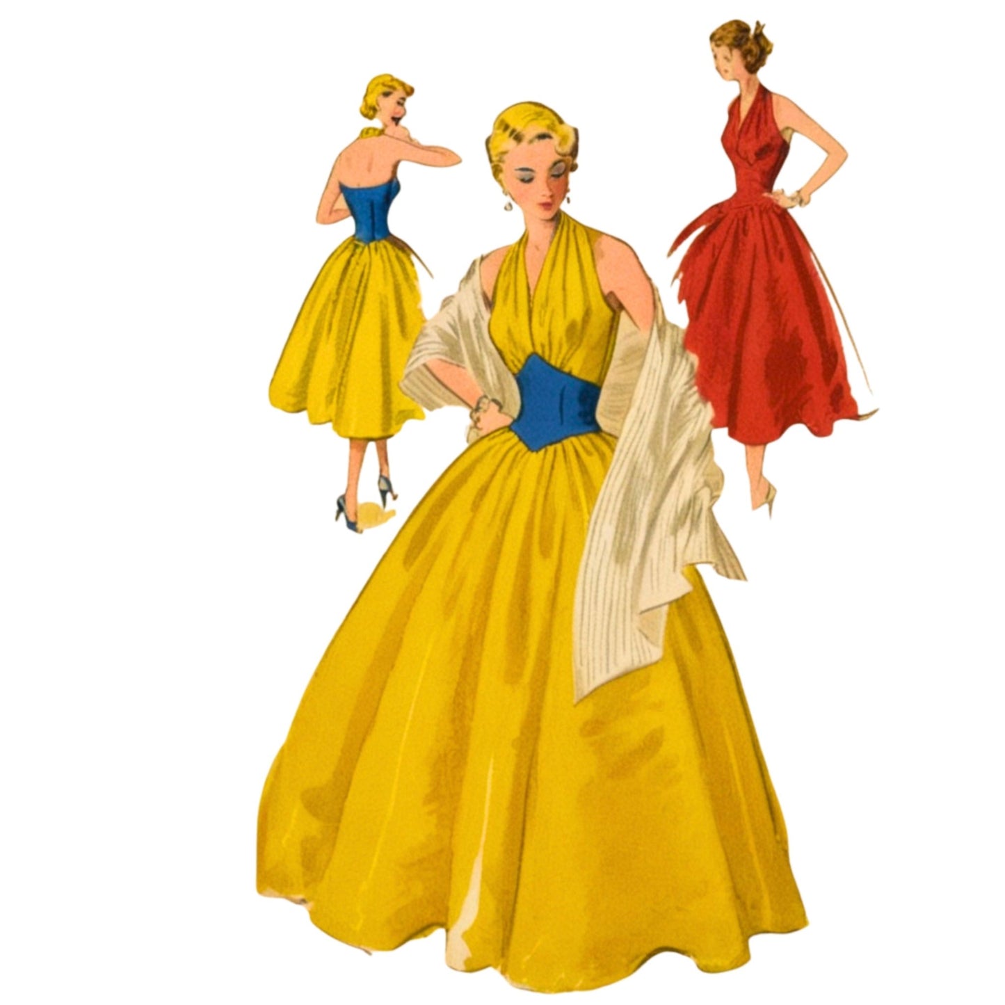 Fashion Illustration of women wearing halter dress in two lengths.