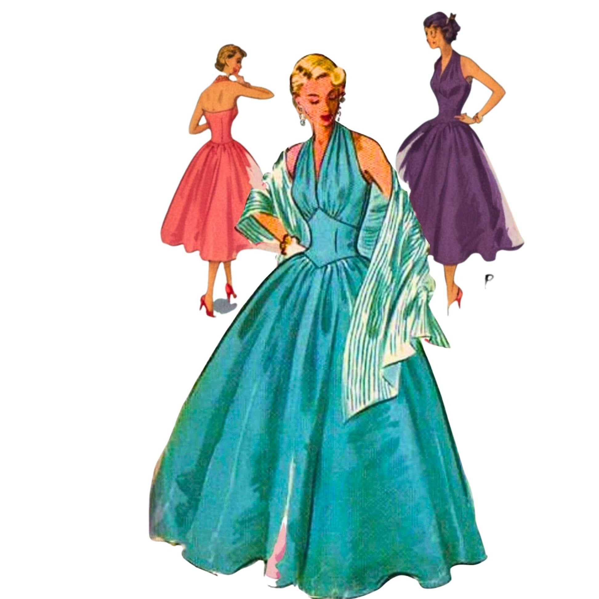 Fashion Illustration of women wearing halter dress in two lengths.