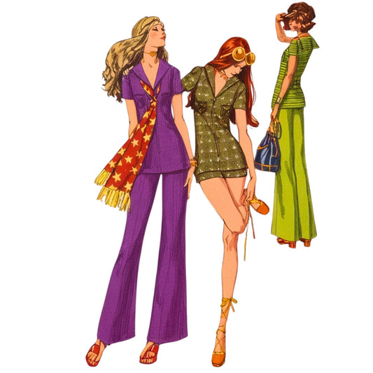 Illustration of three women in colorful outfits from the 1970s on a white background