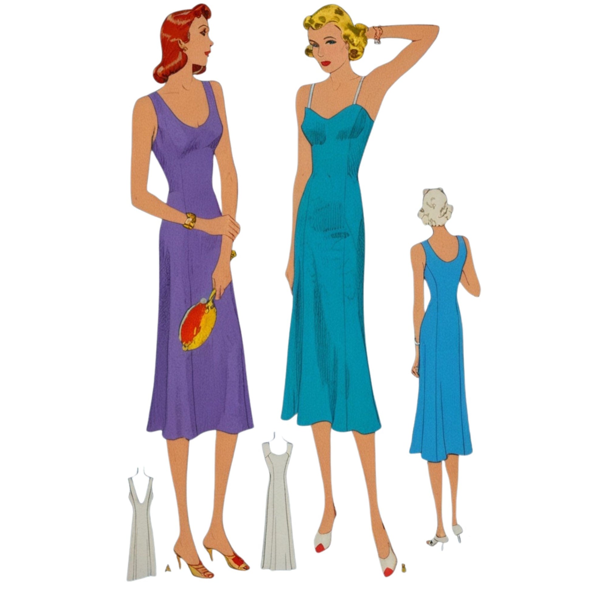 Illustrations of women wearing vintage-style dresses in purple, blue, and teal.